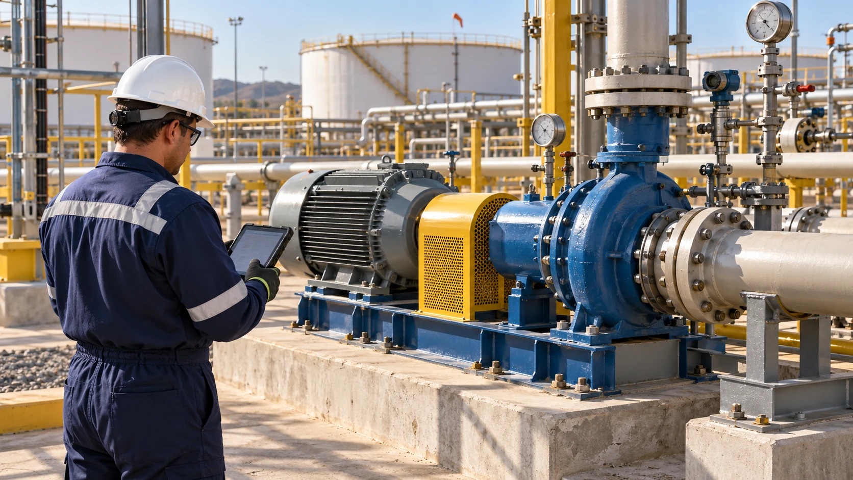 Imagen ilustrativa de un técnico que verifica una bomba petrolera con una terminal de uso rudo